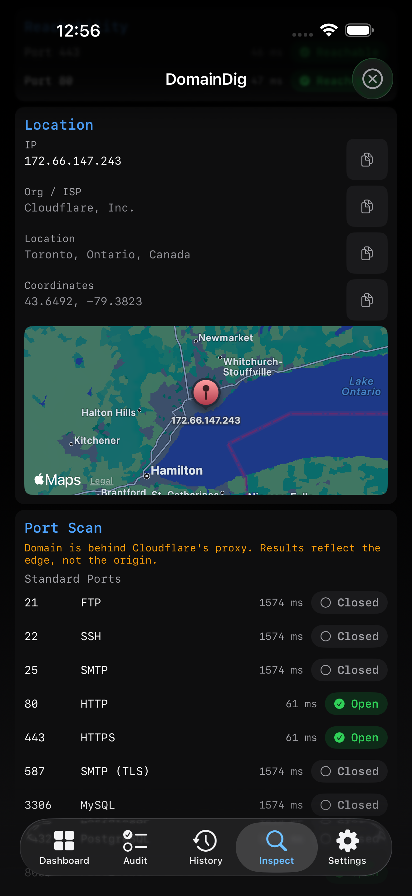 IP location and open ports